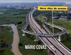 Alça de acesso rodoviária vista de cima, com legenda indicando a via Mário Covas