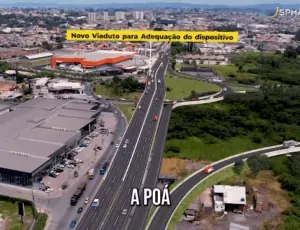 Avenida com comércio ao lado e legenda sobre adequação de dispositivo viário