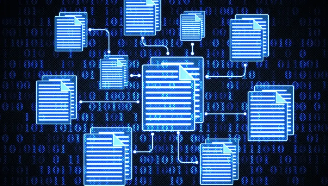 Ilustração de documentos digitais conectados sobre fundo de código binário